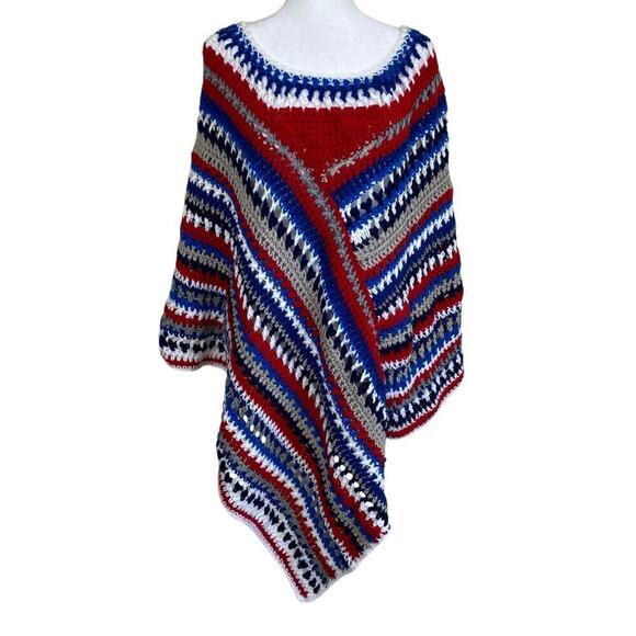 Handmade Sweaters - Handmade Boho Chunky Open Knit Crochet Poncho Patriotic Colors Textured OS